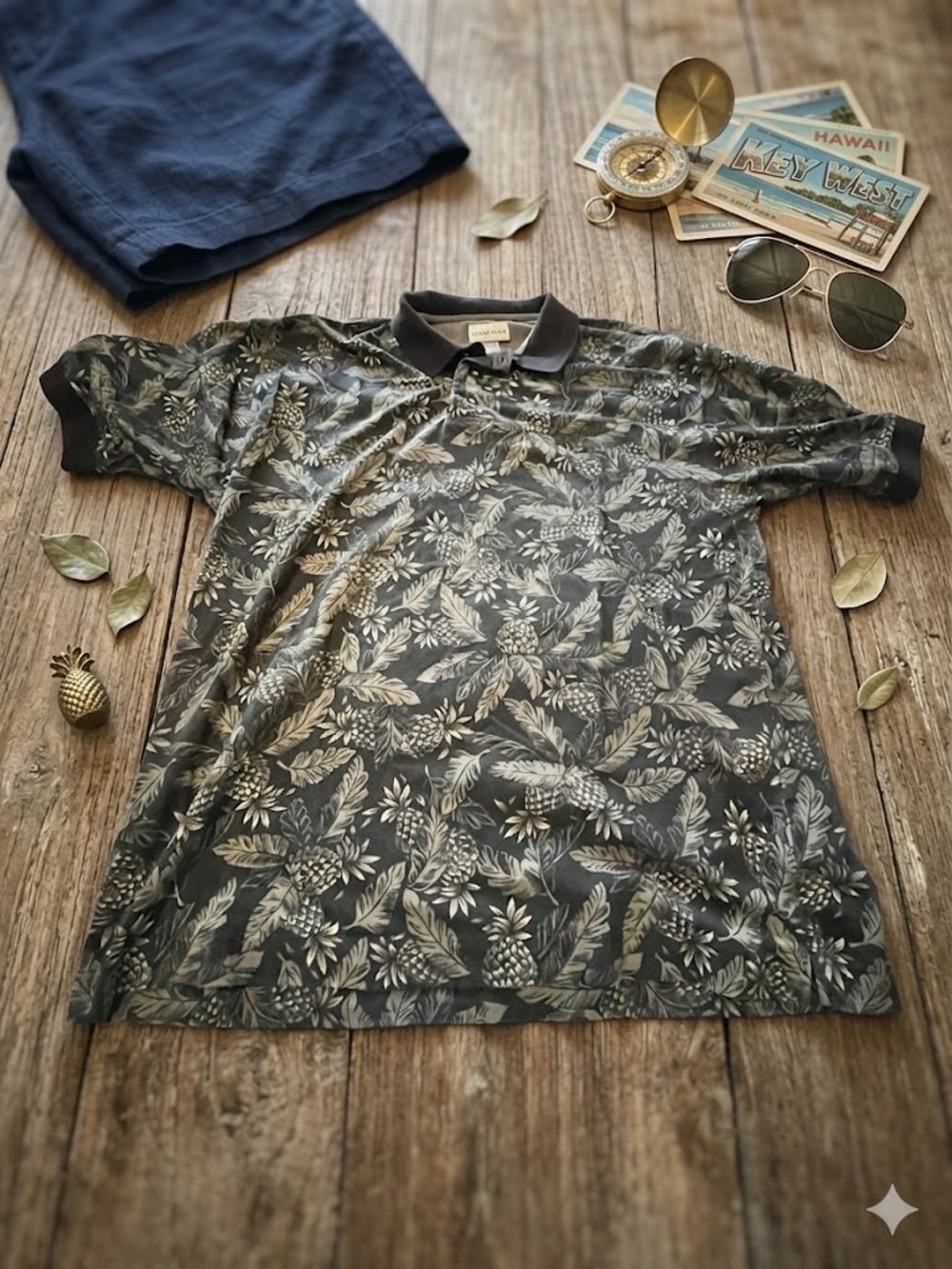 Cutter & Buck Olive Green Botanical Print Polo